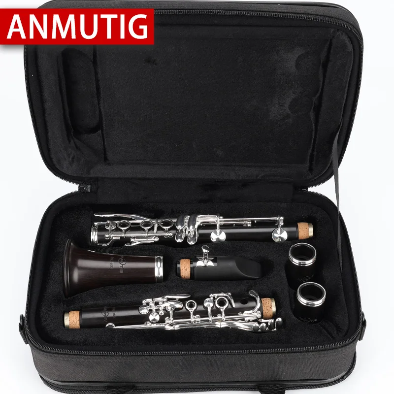 ANMUTIG Ebony Wood Speciality Clarinet 17 18 Key Bb Silver Plated 802