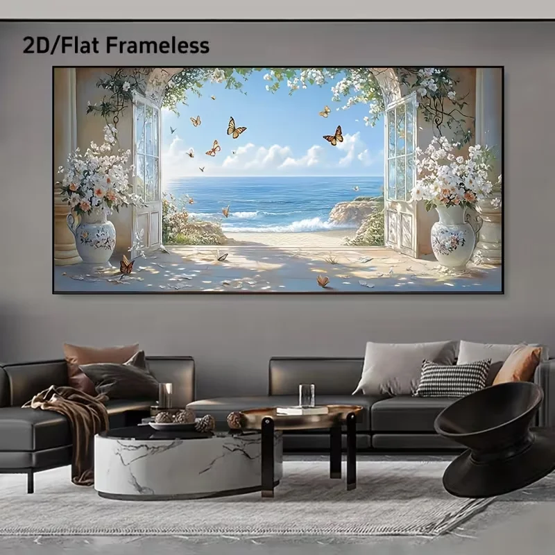 2D Flat, 2D Flat, A 2D Flat Canvas Art Piece Featuring a Tranquil Beach Scene Without a Frame - Measuring 27.56X55.12 Inches, wi