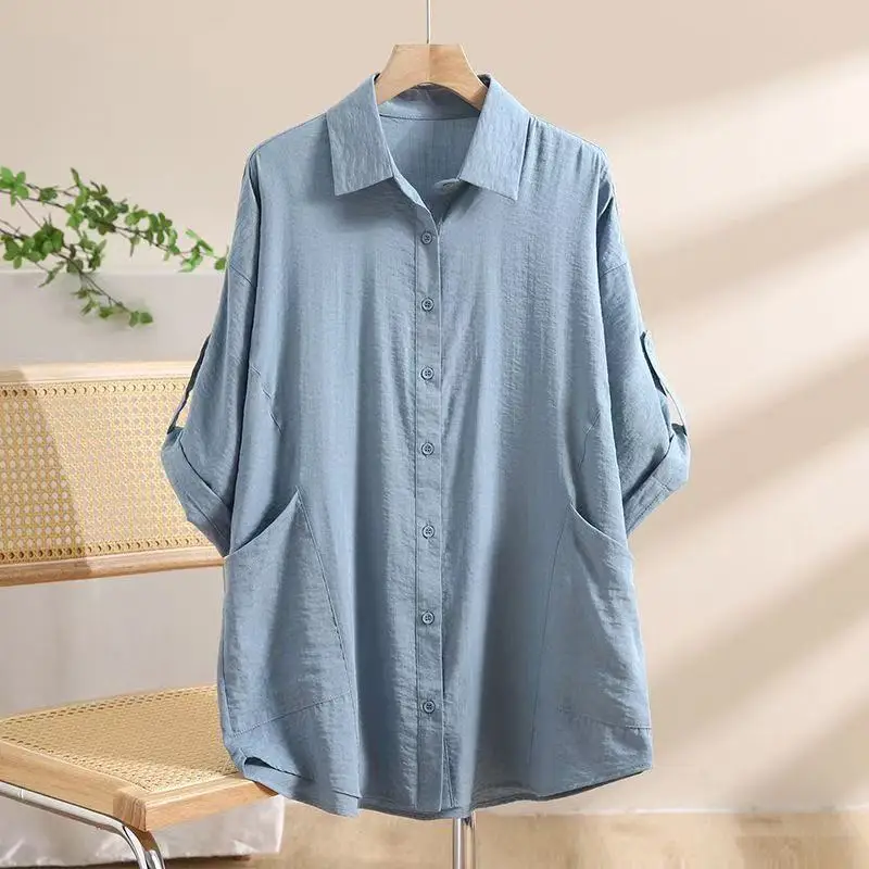 

Half Sleeve Cotton Linen Shirt 2025 Women Summer Casual Loose Comfortable Blouse Design Pocket Office Tops Versatile