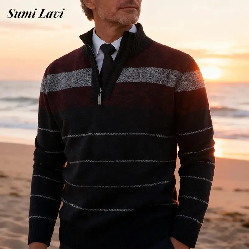 

Классический полосатый свитер, джемпер, топы, мужские осенне-зимние повседневные облегающие вязаные свитера, мужские винтажные пуловеры на молнии с воротником-стойкой