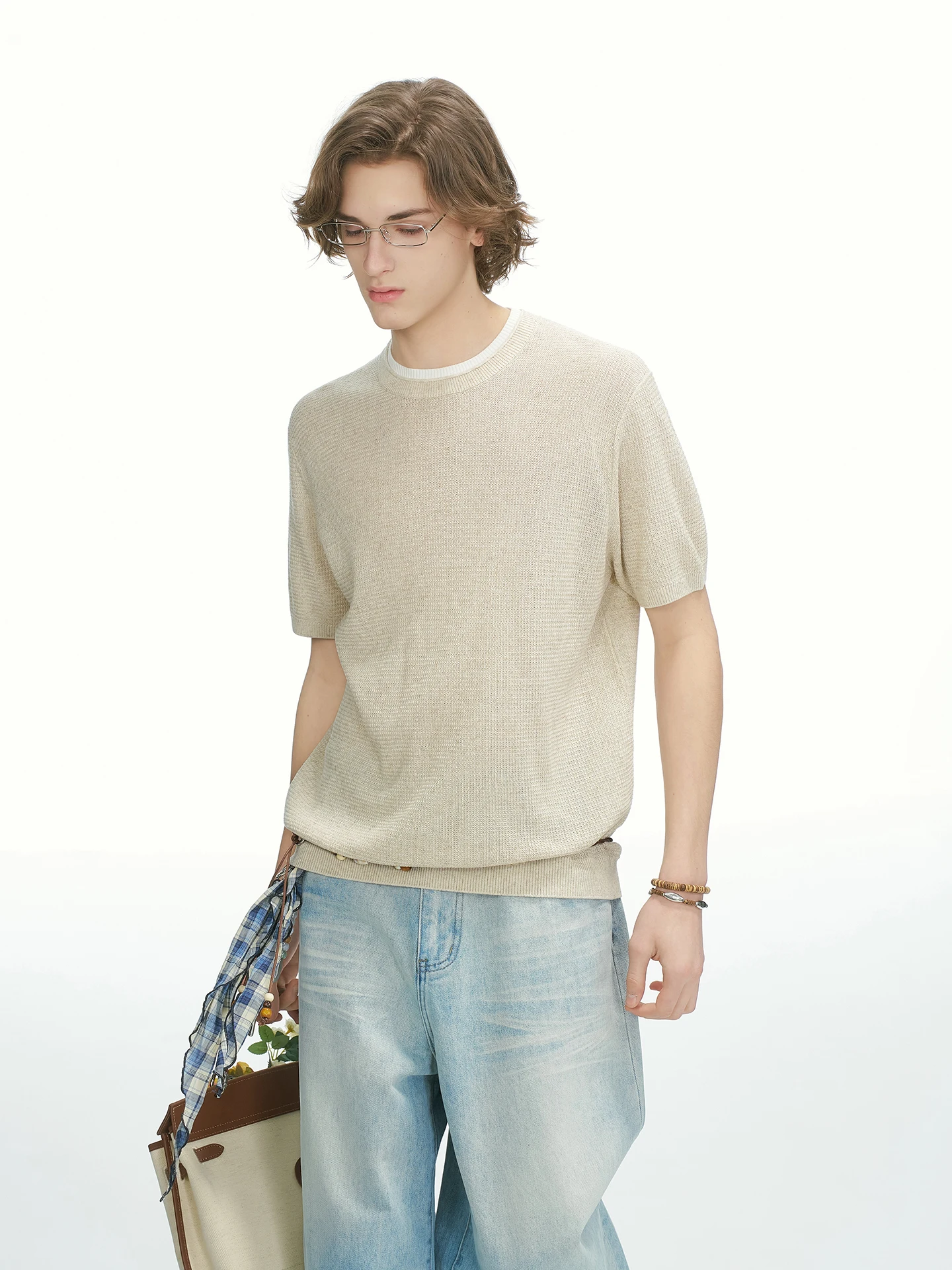 Dream Made Men's Short Sleeve Knitted T-Shirt Summer Breathable Linen Silk Blend Loose Fit round Neck Casual Top