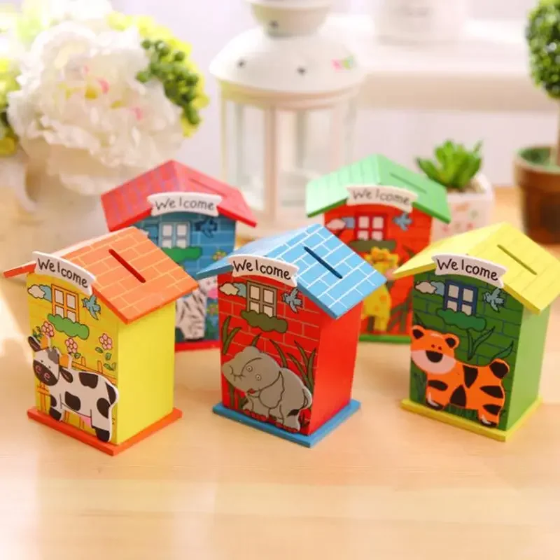 50pcs/lot Novelty Households Children Kids Gift Cartoon Storing Coin Bank / Wooden Saving Money Box