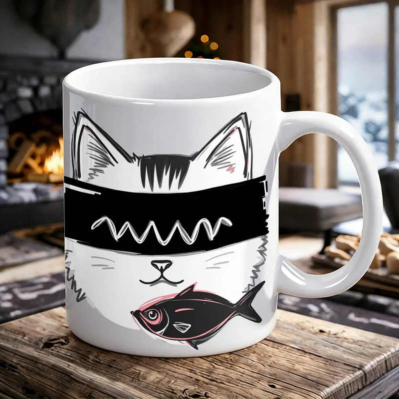 

Graffiti Style Cat with Fish Ceramic Mug Funny 'Fish Thief' Coffee Cup, Milk Cup, Drinking Cup, Gift for Friends, Fade-Resistant