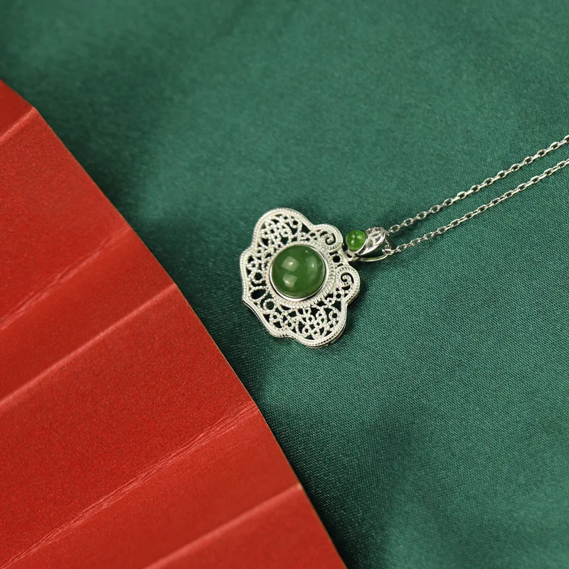 Certified Hetian Jade Pendant Retro Chinese Style 925 Silver Inlaid Jade Hanfu Necklace Ruyi Long Life Lock Necklace