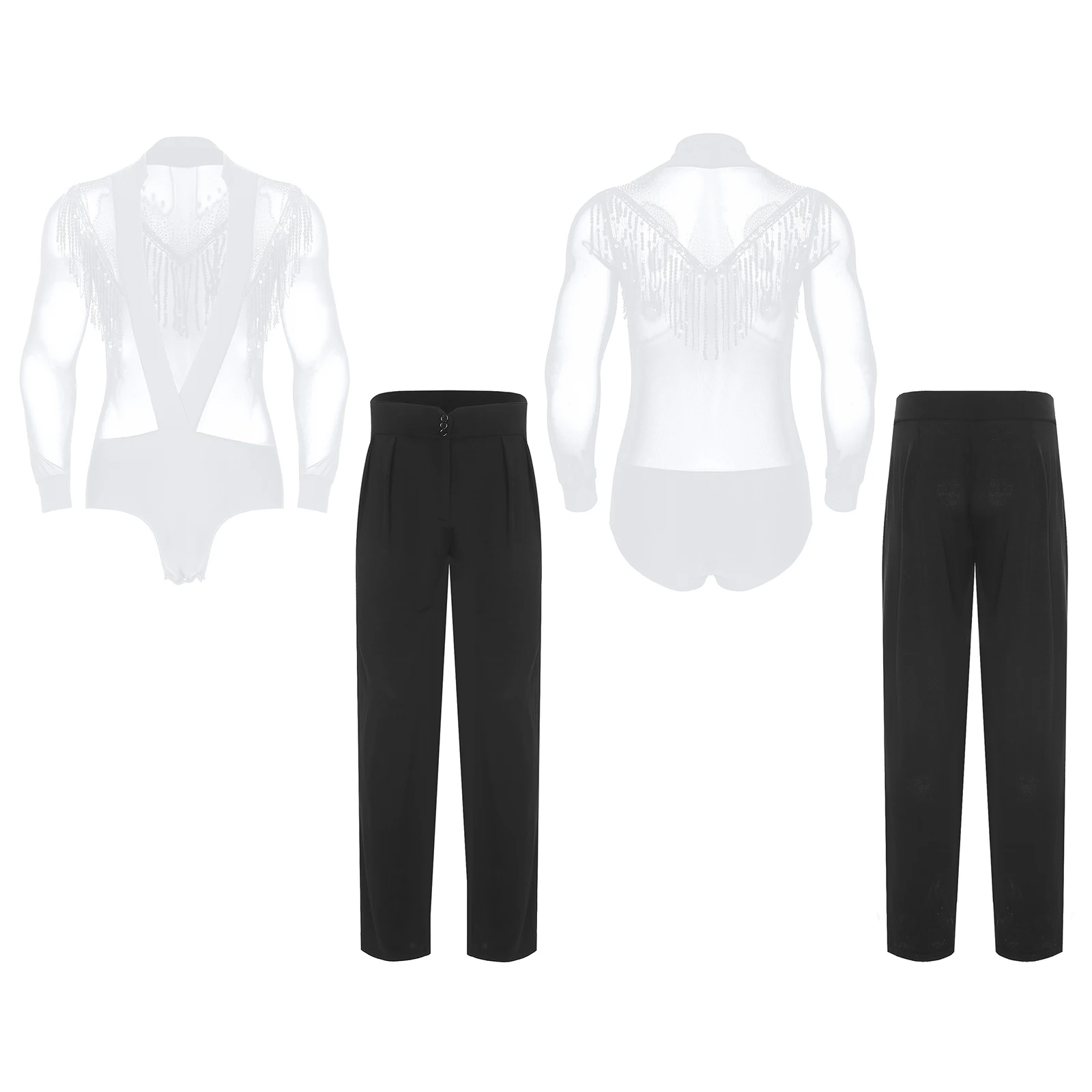 

Men Latin Ballet Jazz Dance Competition Costume Outfit Deep V-neck Long Sleeve Sequin Tassel Mesh Bodysuit and High Waist Pants
