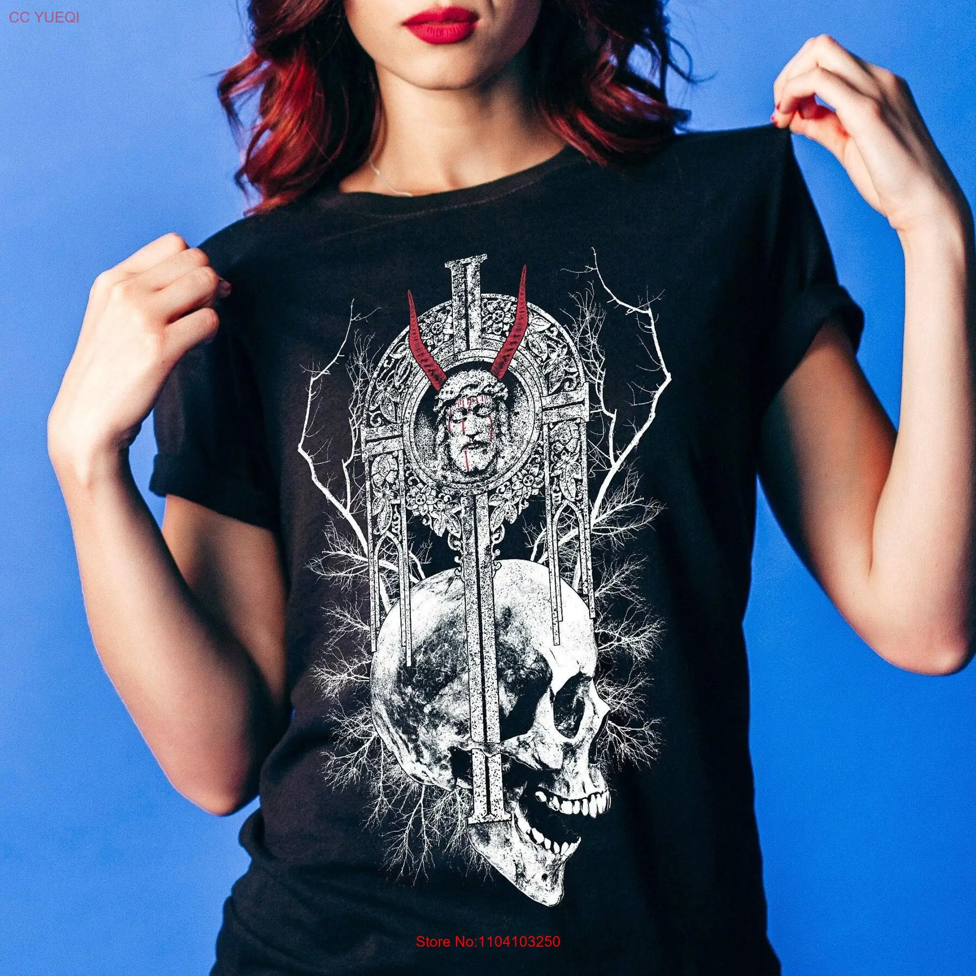 Готическая футболка с черепом ужасов, альтернативная одежда с сатанинским скелетом, темная художественная футболка Memento Mori с длинными или короткими рукавами