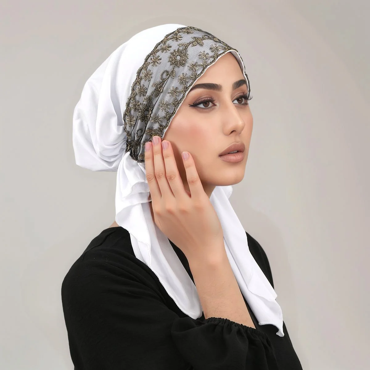 Lace Embroidery Instant Hijab Muslim Women Floral Hijab Crystal Hemp Bonnet Elastic Tie Back Undercap Inner Cap Solid Hat Turban