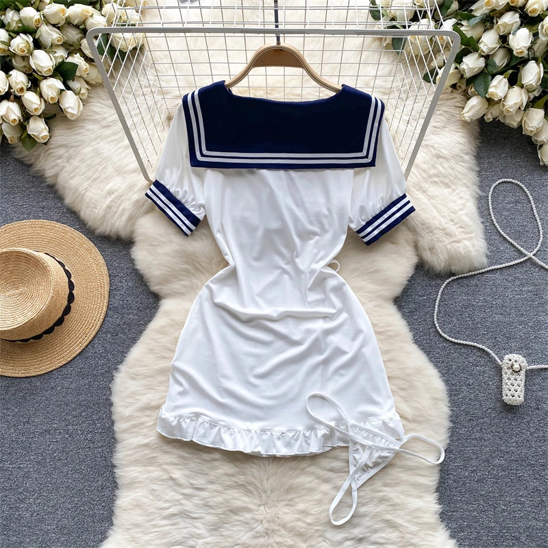 Split Sexy Bow Hotsweet Mini Dress+Thong Ruffle Hollow Out Cosplay Student Lace-up Erotic Casual Woman Clothes Sailor Neck White