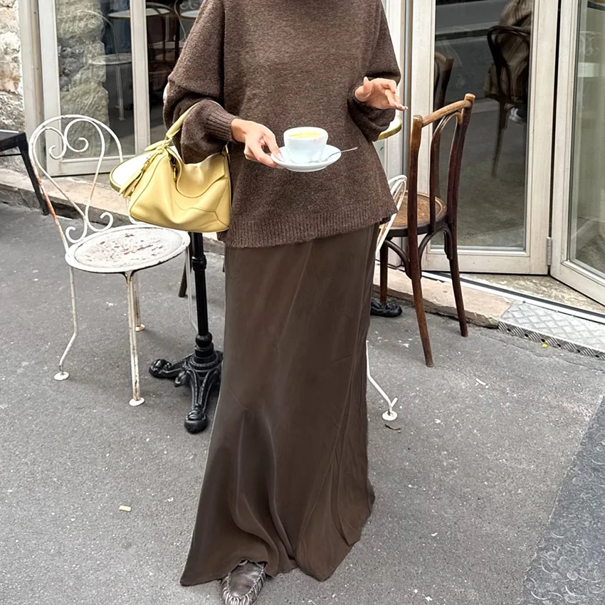 

Linad Элегантные коричневые длинные юбки с высокой талией Женские уличные шикарные свободные юбки трапециевидной формы Осень Повседневные юбки длиной до пола на шнурке 2025