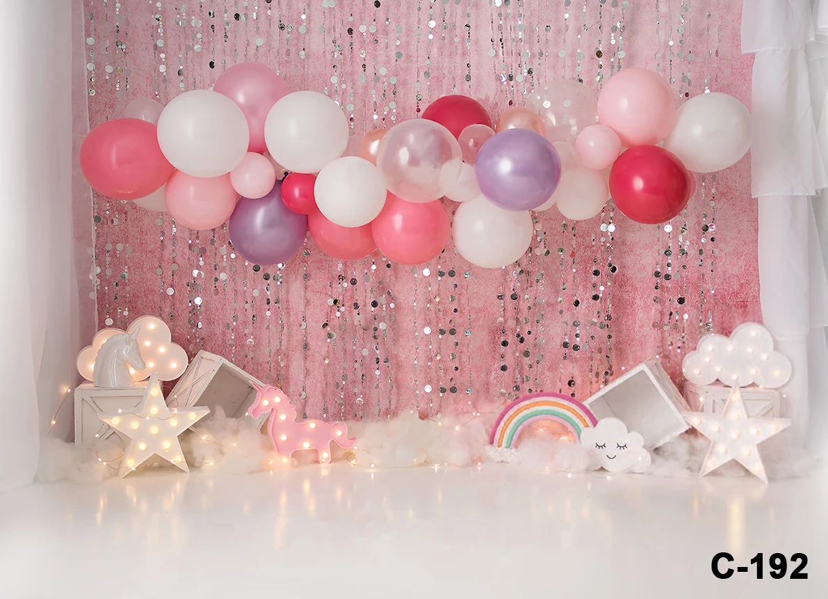 Toile de fond de photographie arc-en-ciel pour enfants, ballons colorés, petites étoiles scintillantes, décor de fête d'anniversaire Smash Cake
