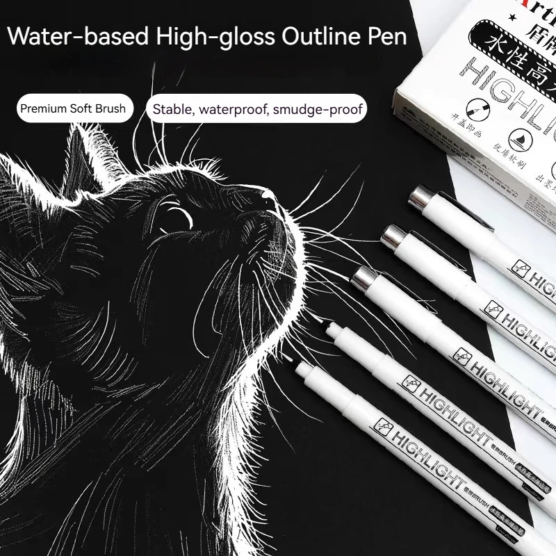 

1/2/3/6/12pcs Manga Highlight Pens Black White Water-Based Ink for Scrapbooking Sketch Black Paper Comic Outline Art Drawing Pen