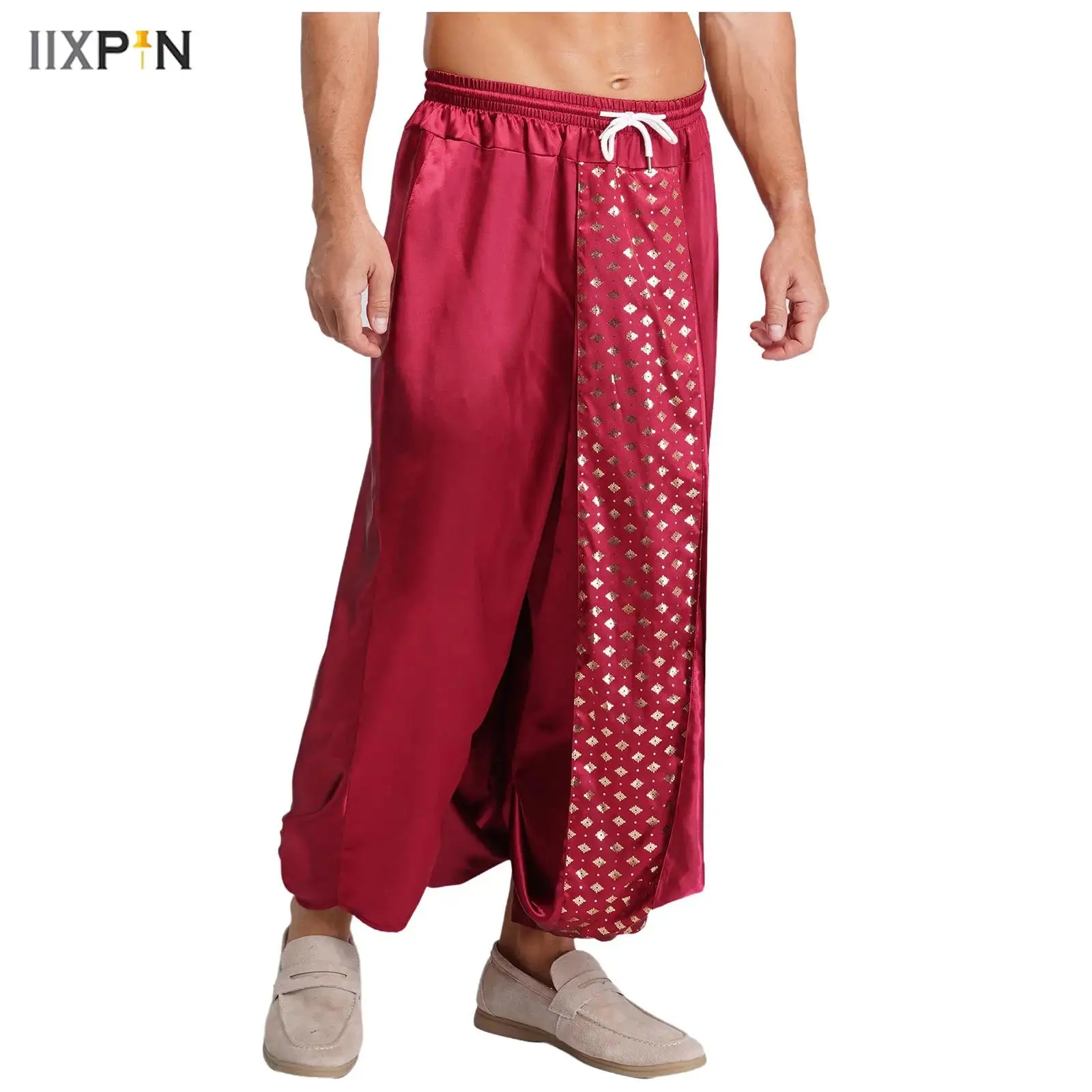 

Mens Satiny Indian Dhoti Pants Metallic Print Drawstring Elastic Waist Loose Lantern Pants Harem Pants Traditional Thai Trousers