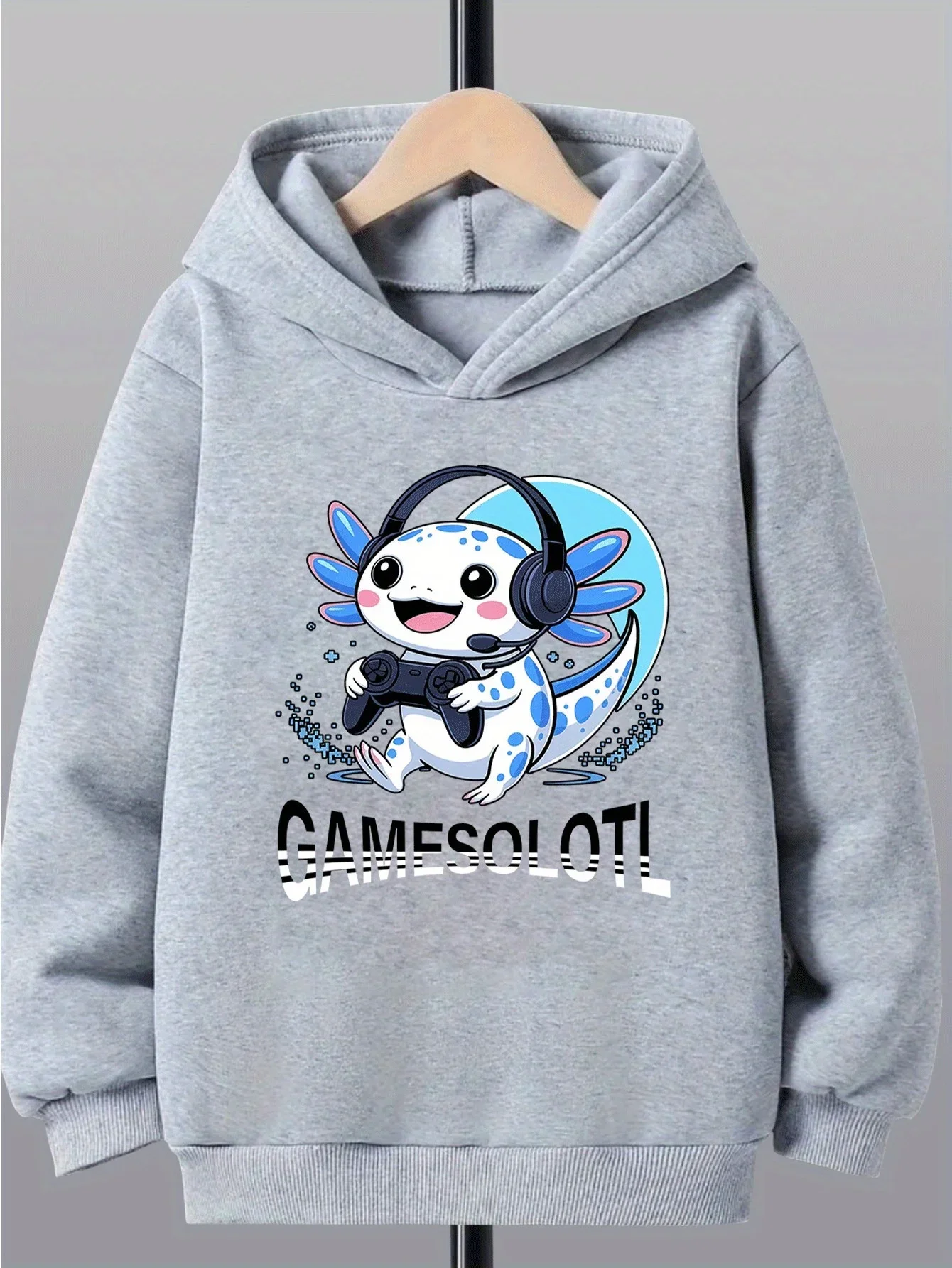 Kids Gamer Axolotl Hoodie Autumn Winter Fleece Lined Gamesolotl Letter Graphic Print Long Sleeve Warm Pullover