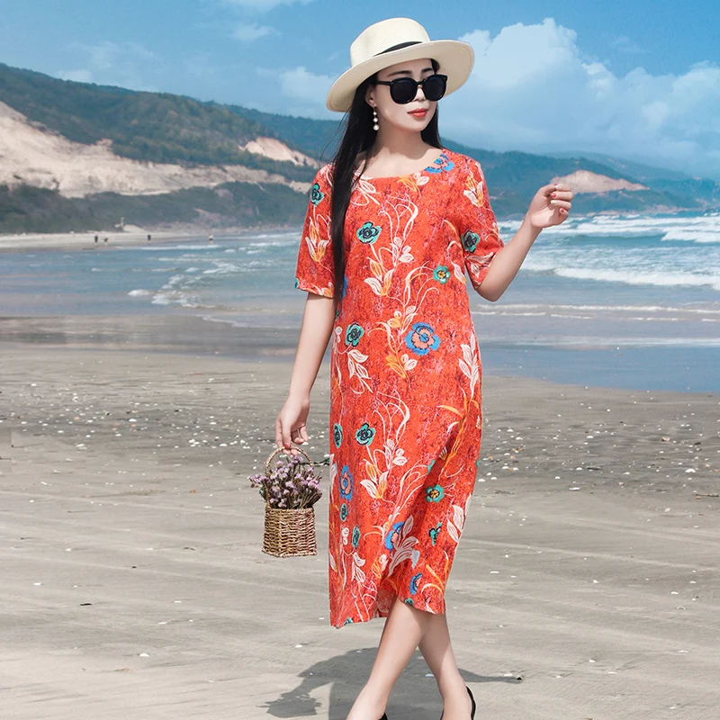 

Summer Floral Print Linen Midi Dr Women's A-Line Skirt Large Size Cotton Dr Mom ort Sve Middle Length Dr