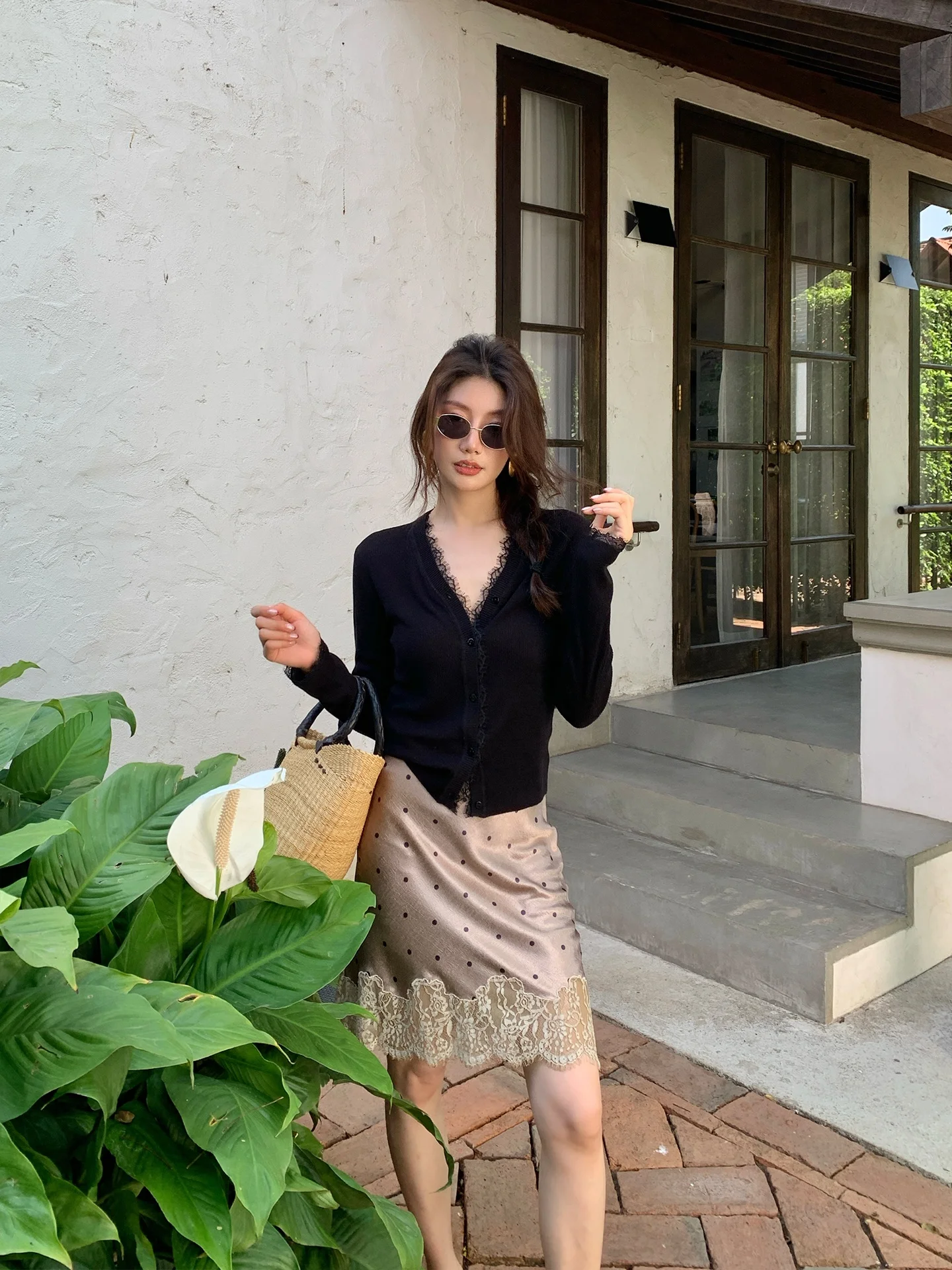 

Шелковая атласная юбка Dragon Joy с кружевной отделкой и вышивкой, с завышенной талией, укороченная, для женщин, Y203, винтажная, в горошек