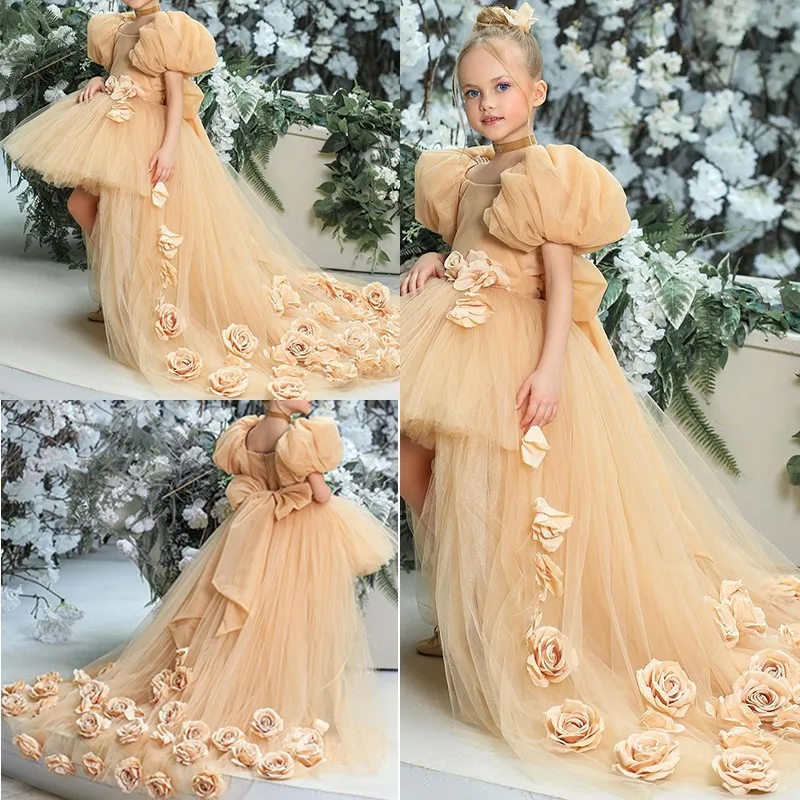 

Irregular Flower Girl Dresses Luxury Puffy Tulle Pageant Birthday Party Applique Princess Gown First Holy Communion Prom Wear