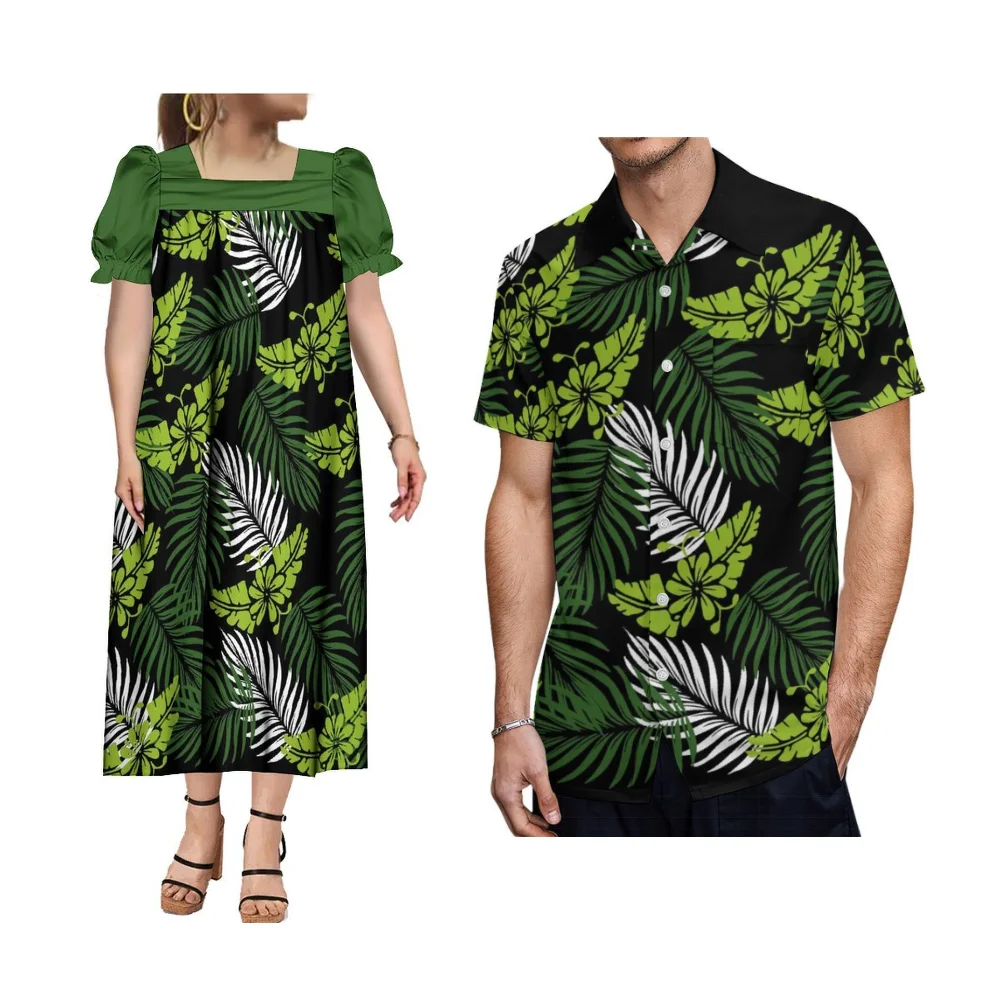 Polynesian Island Micronesia Style Mumu Women'S Square Collar Puffed Sleeve Dress Casual Couple Set Men'S Pocket Shirt