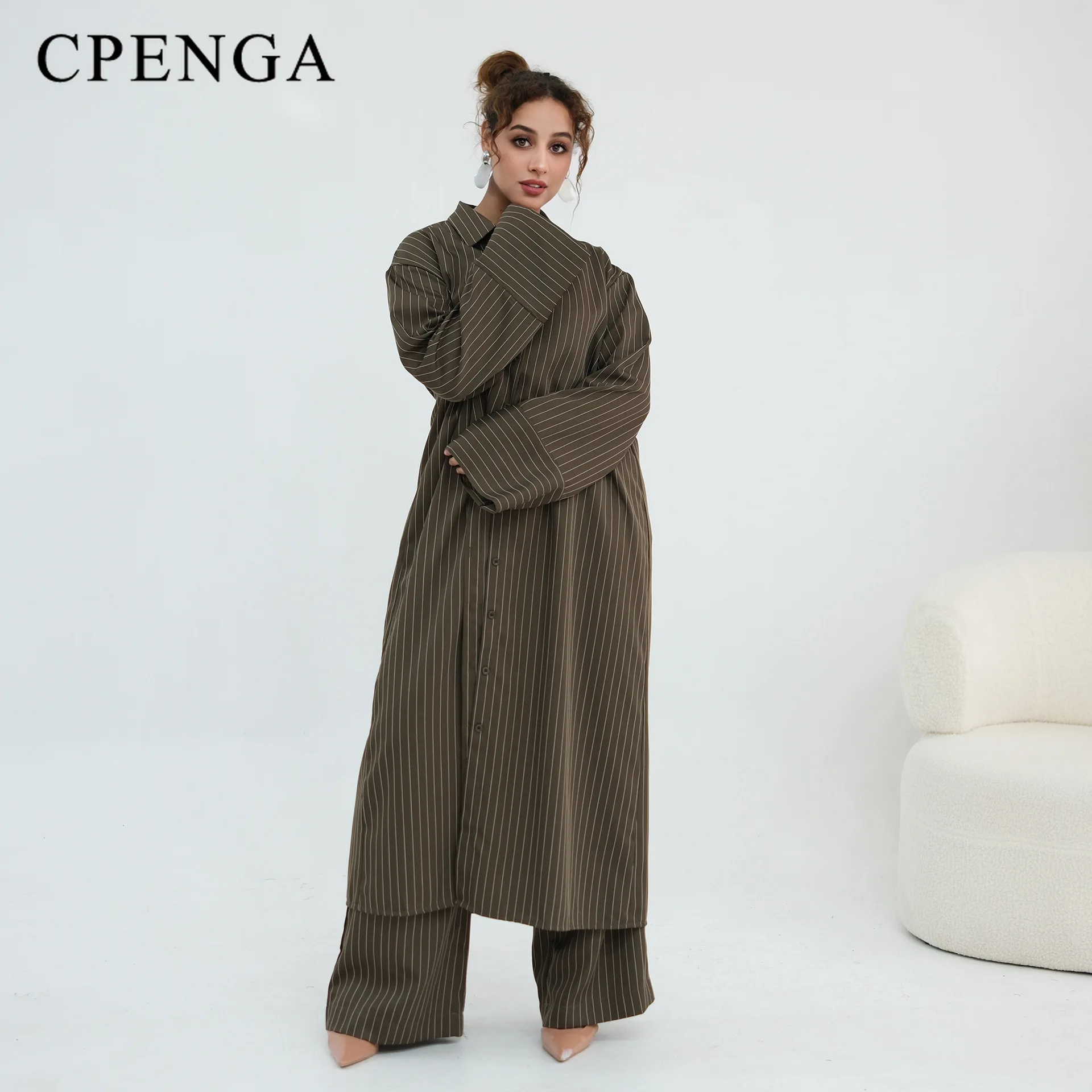 Muslim Women 2 Piece Set Striped Abaya Modest Long Shirt Dress and Pants Suit Islamic Clothing New Turkey Casual Wear 2026