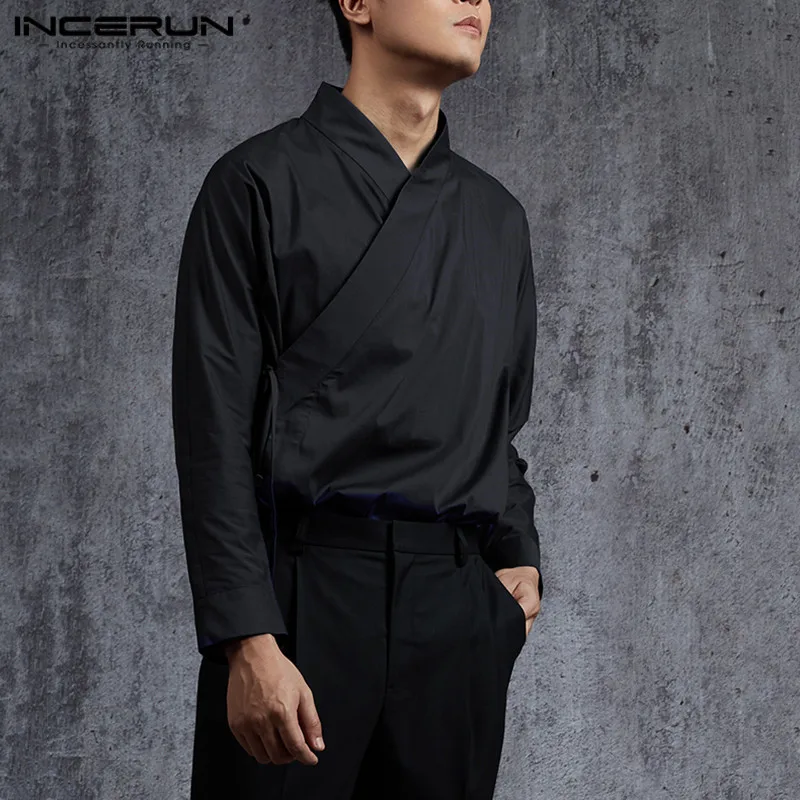 Incerun Vintage Mannen Shirt Effen Kleur Hanfu Lange Mouw Vetersluiting Elegante Opstaande Kraag Chinese Stijl Retro Mannelijke Shirts S-5XL 2024