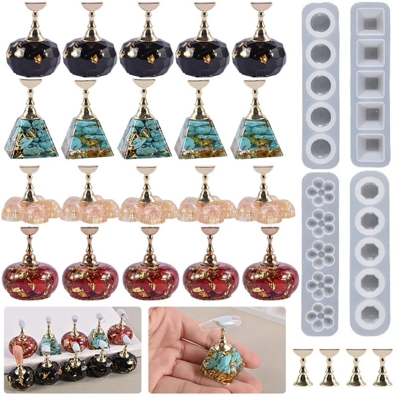 Nail Practice Support Flower/Round/Jewel/Pyramid Nail Display Stand Silicone Mold DIY Nail Tips Holder Crystal Epoxy Resin Mold