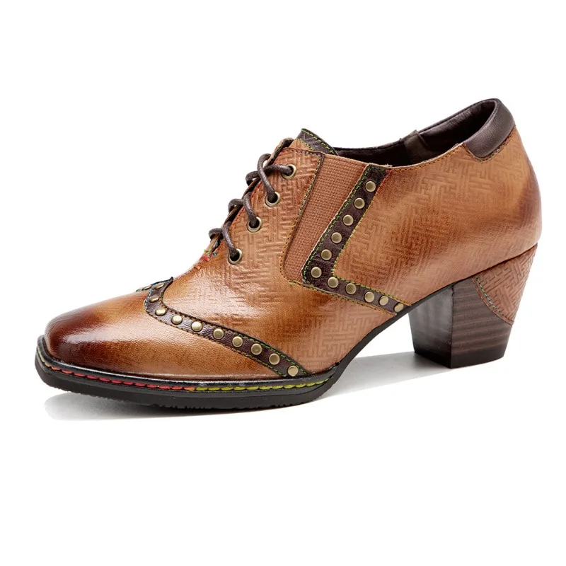 

6cm Sheepskin Leather Rivet Women's Plus Size Pumps Embossed Luxury Elegant Females Decoration Ethnic Spring Aurumn Shoes