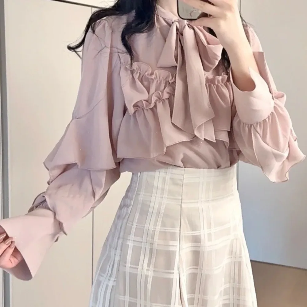 

Lace-up Bow 2025 Ropa Mujer Ruffles Long Sleeve Shirts & Blouses Japan Style Tops Autumn New Blusas Advanced Sense Camisas