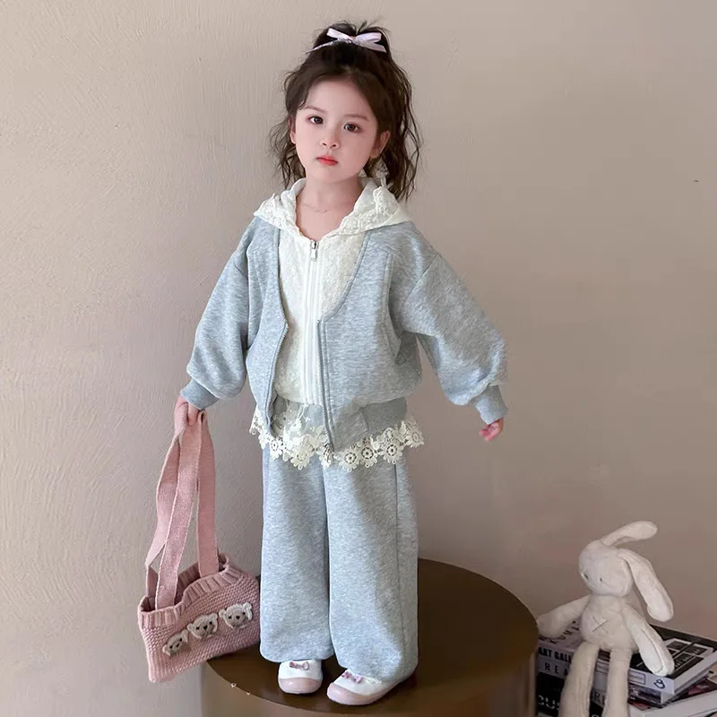 

New Girls Lace Sets Autumn Children's Suit New Kids Hoodie Tops Coat Pants 3Pcs Spring Casual Outfits Teen Sweet Clothes