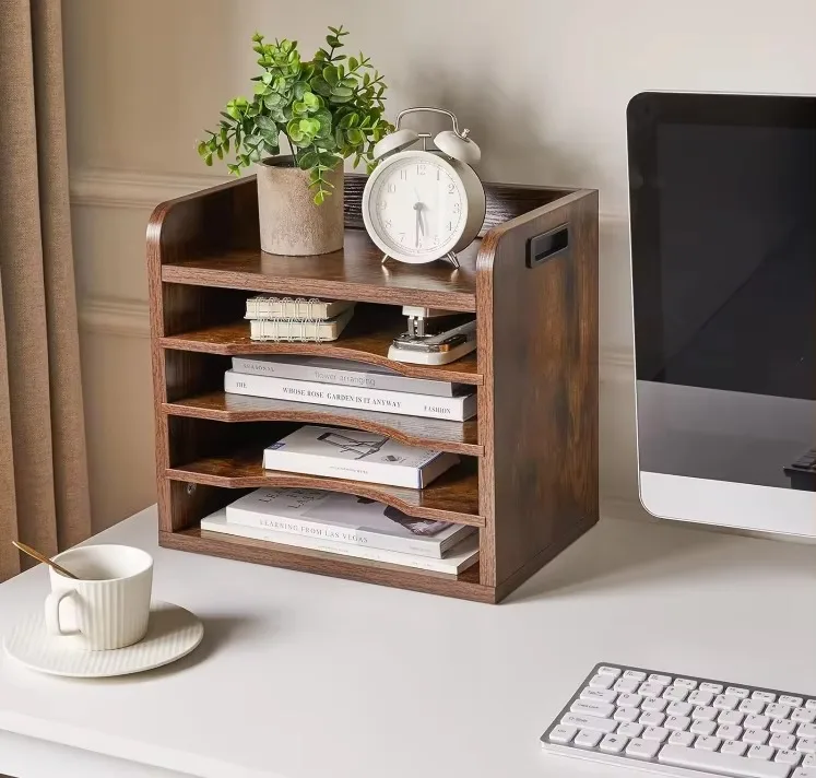 Desk Organizer 5-Tier Wooden Paper Tray Organizer Thick Wooden Shelf Desk Storage