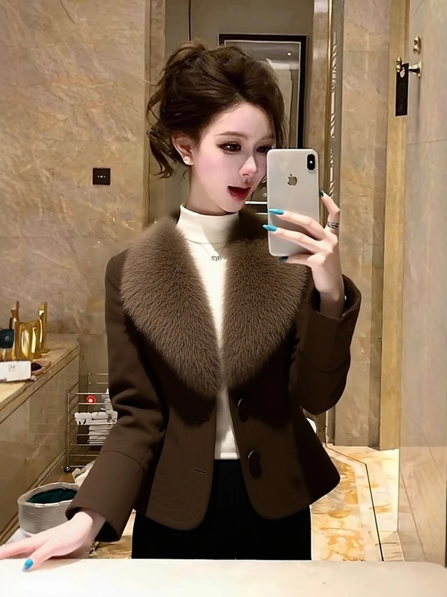 

Caramel Faux Fur Collar Cotton Jaet Women's Winter plus Size Slimming Waistline Korean Sle Commute Faion ort Coat