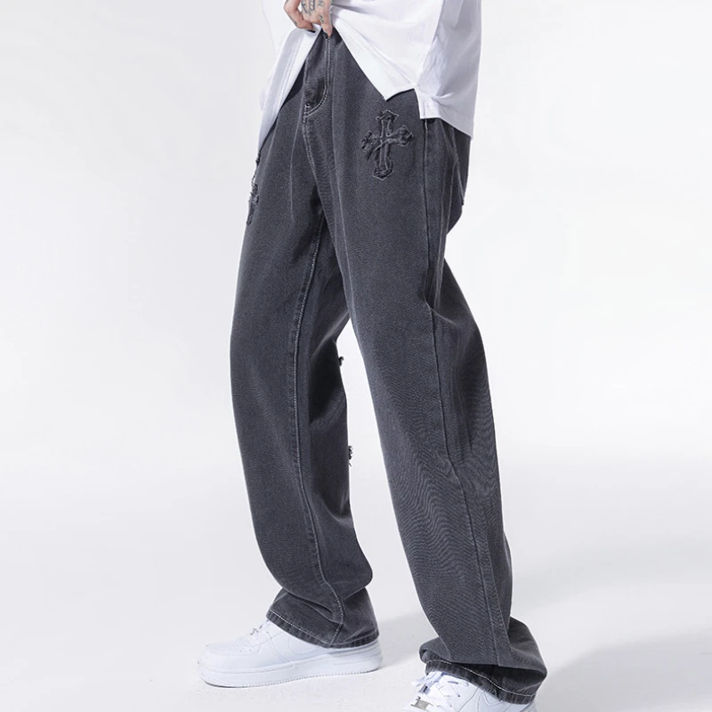 

2025 Men's American Vintage Mud-Dyed Cross Embroidery Jeans High Street Loose Wide Leg Casual Streetwear Trousers