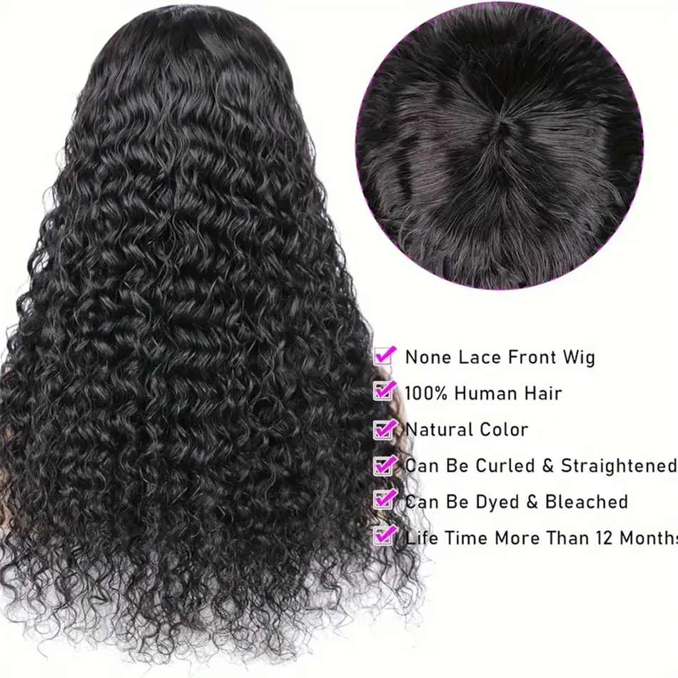 30 inch Long Water Wave Human Hair Wigs With Bangs Glueless Fringe Wig Kinky Curly Bob Wig with Bangs Full Machine Made Wig 250%