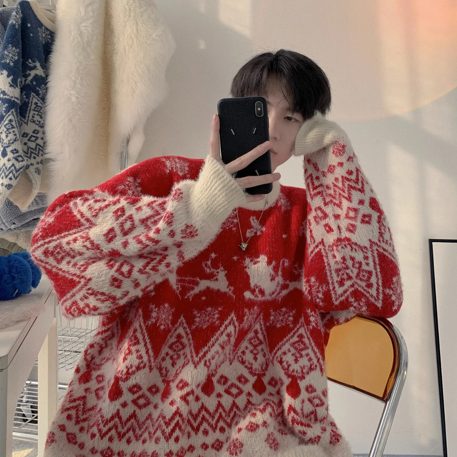 

Winter Color blocked Jacquard Christmas Theme Sweater Men's Trendy Brand Loose Warm Hooded Knitted Sweater