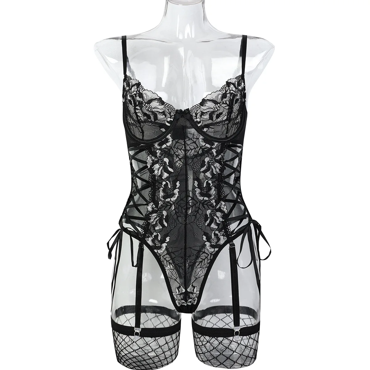 Комплект нижнего белья, прозрачный кружевной ажурный корсет, сексуальные ажурные чулки, подвязки, эротические комплекты нижнего белья для ролевых игр