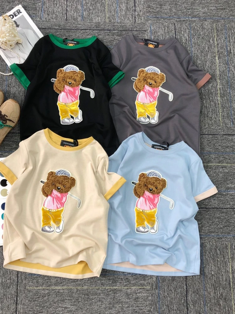 2025 Spring Korean Towel Embroidered Cartoon Bear Contrasting Color Round Neck Pullover Short-sleeved T-shirt Women Clothes