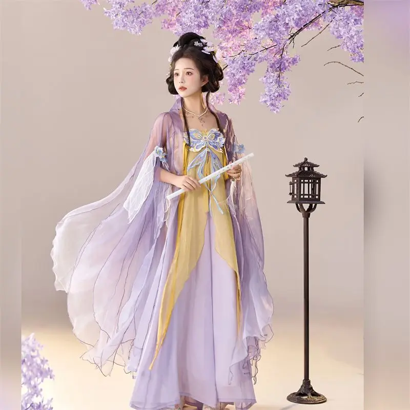 Hanfu women's 2026 new improved Tang-made petal-sleeved big shirt showing thin chest-length skirt purple butterfly