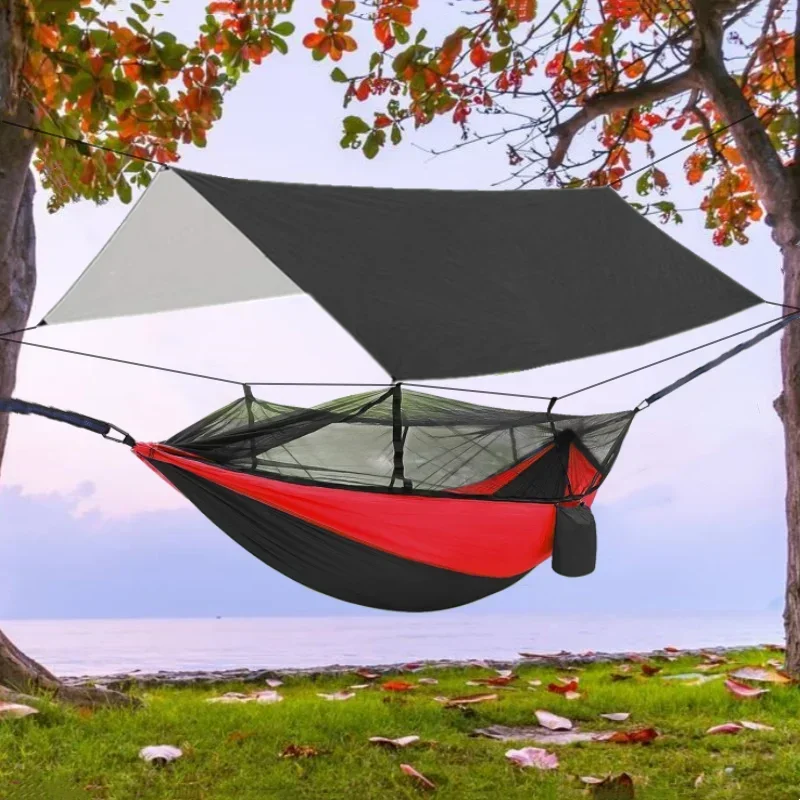 

Portable Nylon Double Camping Hammock with Mos-Quito Net and Waterproof Rainfly Awning for Camping Backpacking Hiking Travel