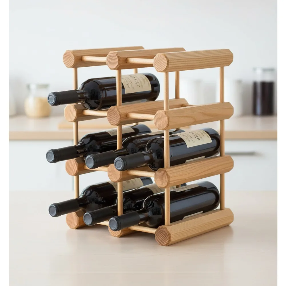 

Stackable Wood Wine Rack Holder, Modular Storage for 12 Bottles, Natural Ash Finish for Home Bar