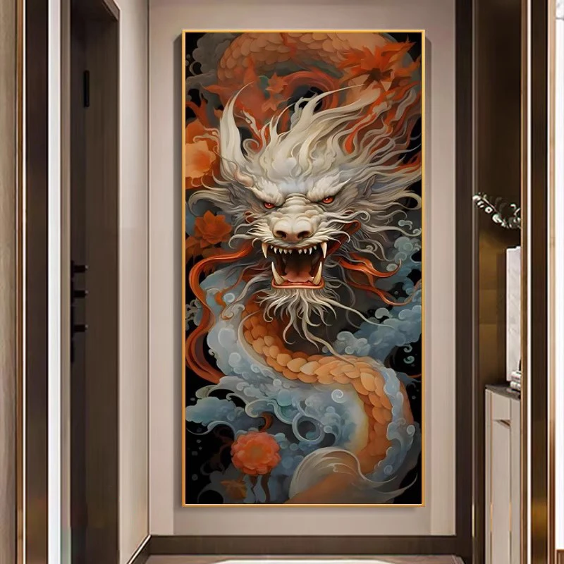 

Chinese Dragon Canvas Poster Guochao Style Mythical Beast Painting Living Room Wall Decor Red Gold Traditional Art Picture