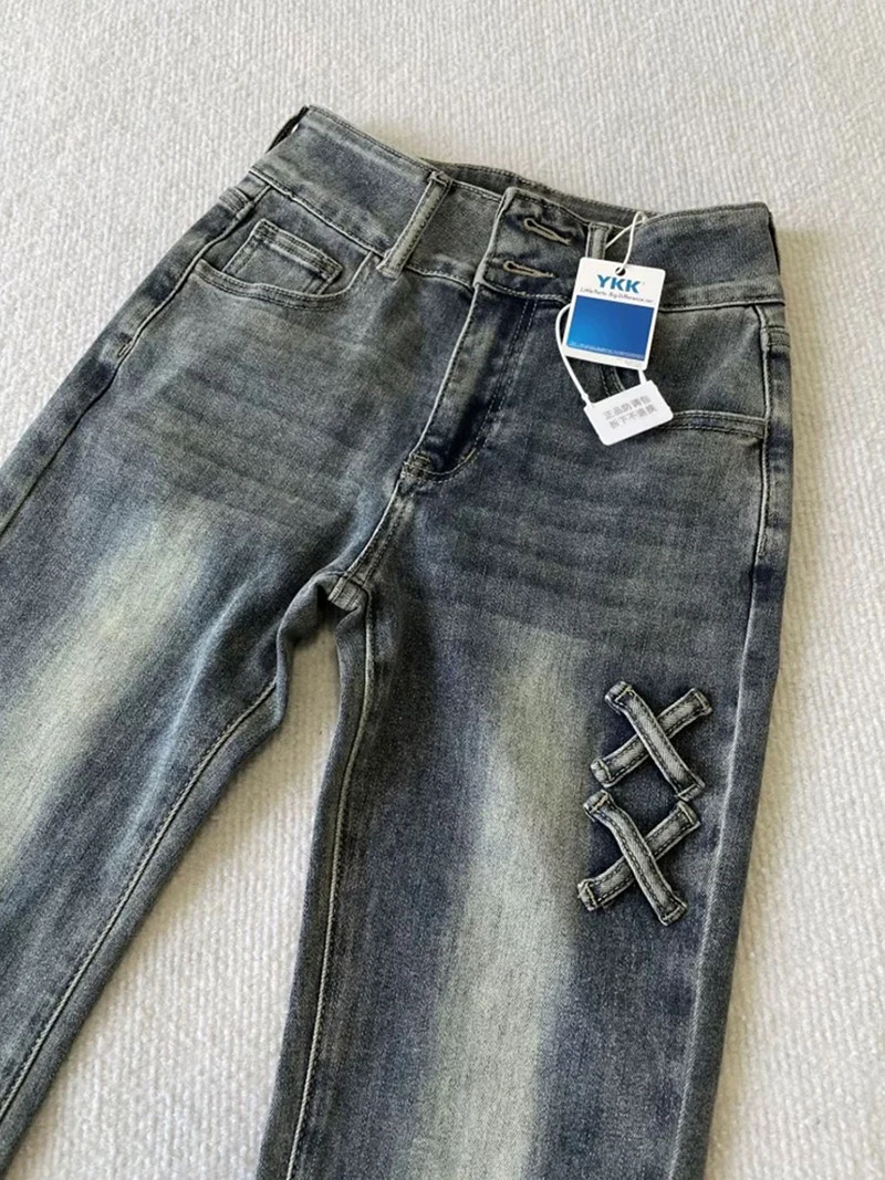 여성을위한 미국 복고풍 스트레치 청바지 봄 가을 하이 웨이스트 슬림 피트 플레어 바지 세련된 캐주얼 여성 데님 바지