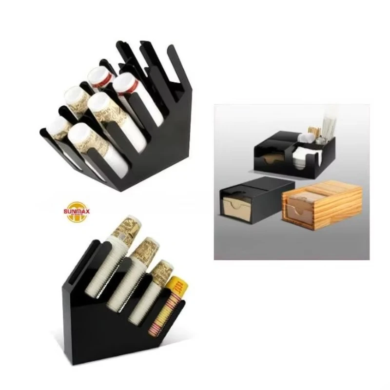 

Coffee cup dispenser and lid holder with straw and condiment pocket plastic bar