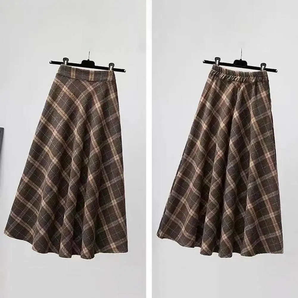 Plaid A-line Skirt Plaid Print A-line Midi Skirt with High Elastic Waist for Fall Winter Women\'s Fashion Thick Warm Soft