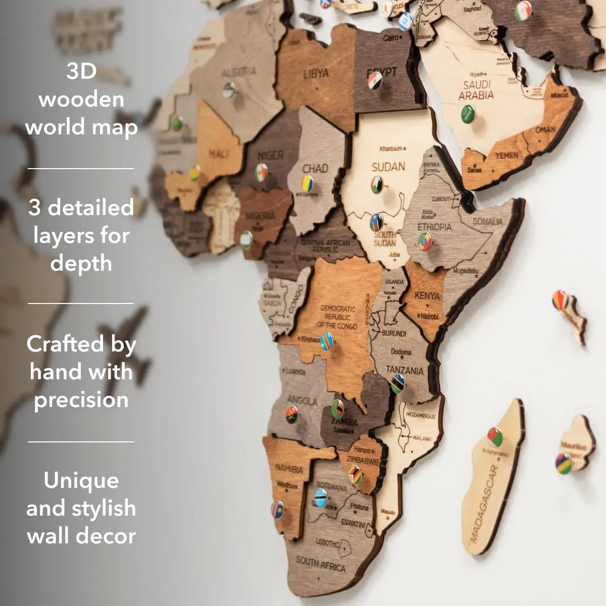 Enjoy The Wood 3D Wooden World Map Wall Art (Multicolor, M) | Large Travel Map with Pins for Art Decor, Decorative Map of the Wo