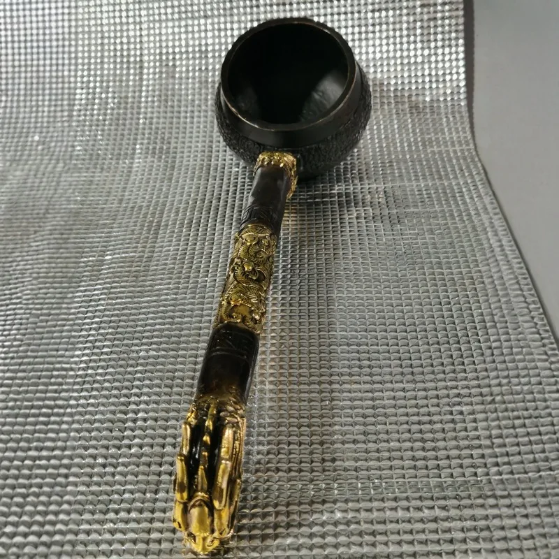 Antique collectible gilded dragon head with exquisite carvings, well-formed, vintage copper water spoon
