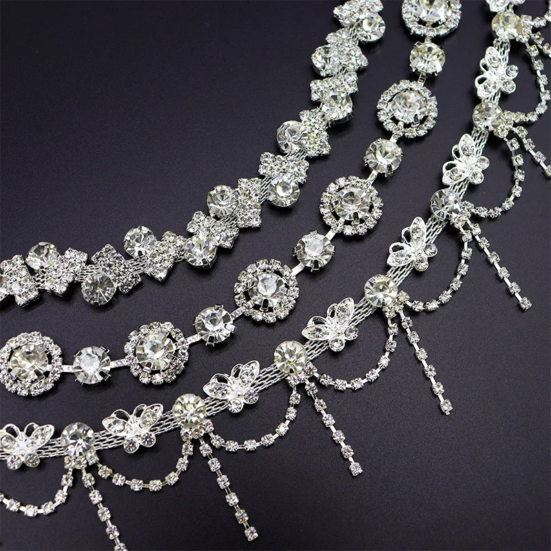 10Yards Rhinestone Trim Tassel Chain Flower Shape Diamond Crystal Clothing Bag Hat DIY Wedding Rhinestone Ribbon Gift Decoration