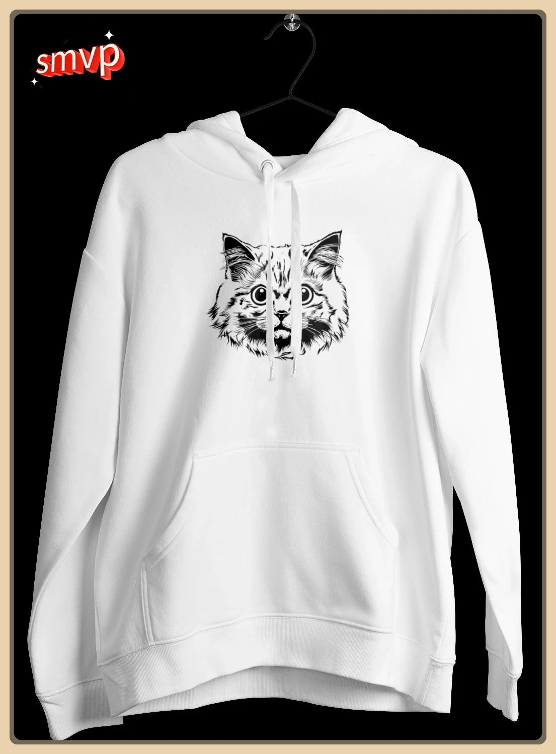 هوديي من القطن الأبيض مع خط فني مفصل باللونين الأبيض والأسود وطباعة وجه قطة بتصميم بسيط وجيب أمامي للجنسين بلوفر ناعم #1