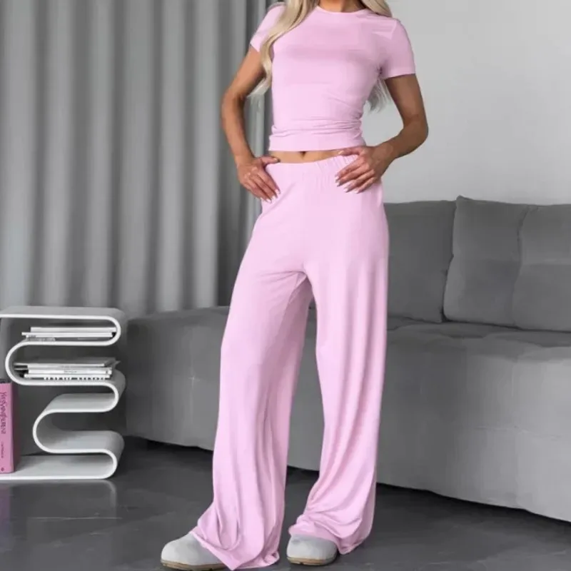 

Solid Color Pajamas for Women 2 Pieces Set 2026 Summer Slim Elastic T-shirts Casual Loose Trousers Female Home Sleepwear Suit
