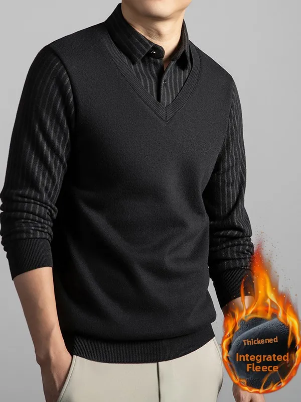 

Autumn Winter Men's Woolen Fce Lined Thiened Skin-friendly Long Sve Sweatirt Stand Fit Casual Sle Button Plaet