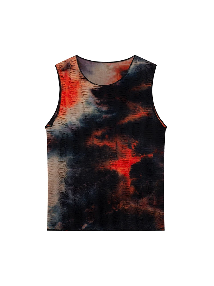 High Street Tees Tanks Tops Men's Summer Black and Red Tank Top Elastic Slimming Tie Dyeing and Blended Printing Tank
