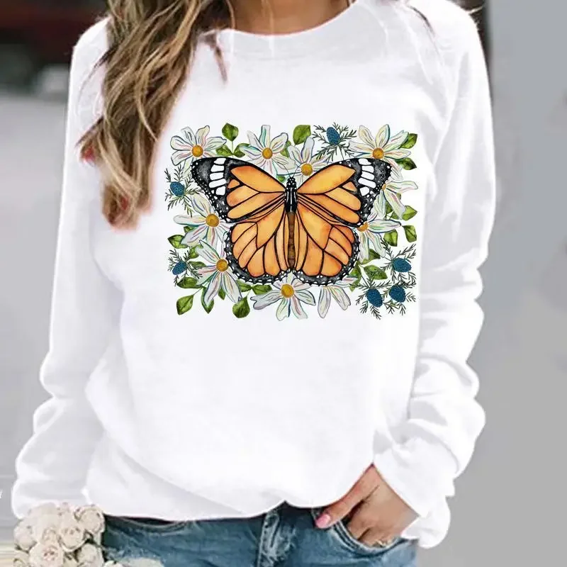 Europe and United States Butterfly Dandelion Print Pattern Crewneck Hoodie Top Sweatshirt  Streetwear Women  Clothes Sweatshirts