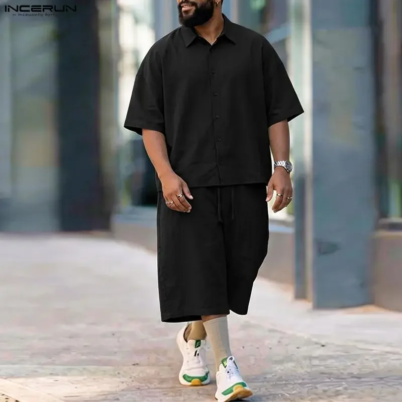 INCERUN Men's Sets Solid Lapel Short Sleeve Shirt Pants Two Piece Sets Streetwear Loose 2026 Summer Fashion Men Matching Sets view 3